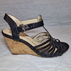 Isaac Mizrahi Live Wedge Dress Sandals Women's 6.5W Black Leather Adj. Straps